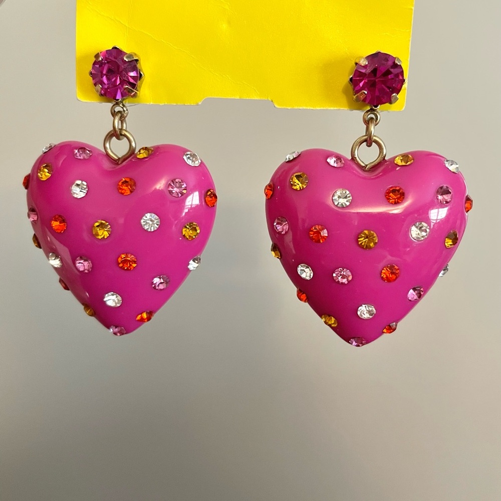 Betsey Johnson Y2K puffy pink rhinestone heart chunky dangle drop earrings